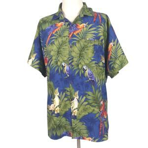 Rima Shirt Mens Large Blue Green Parrot‎ Hawaiian Button Up Tropical Birds Print